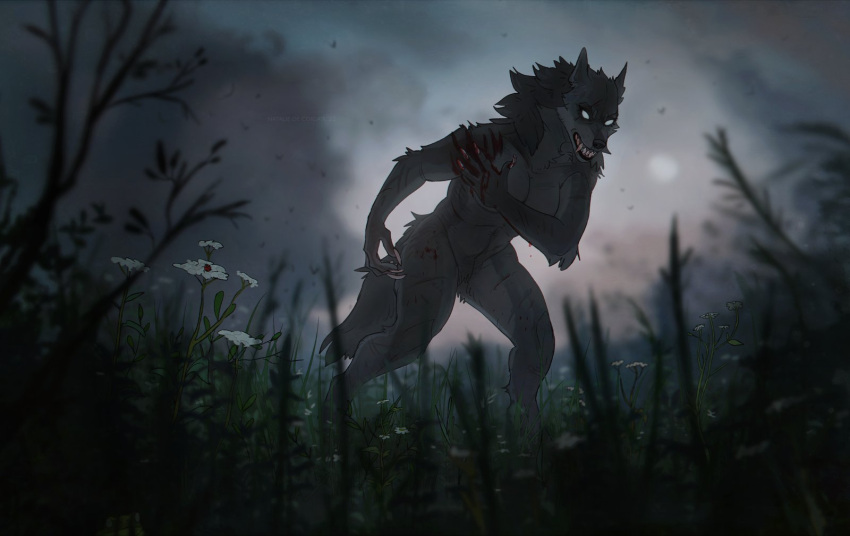 anthro blood bodily_fluids breasts canid canine claws cloud detailed_background digital_media_(artwork) female fingers flower fur grey_body grey_fur hair hi_res leg_wound mammal natalie_de_corsair nude open_mouth outside plant sharp_teeth shoulder_wound sky solo standing teeth were werecanid werecanine werewolf white_eyes wounded