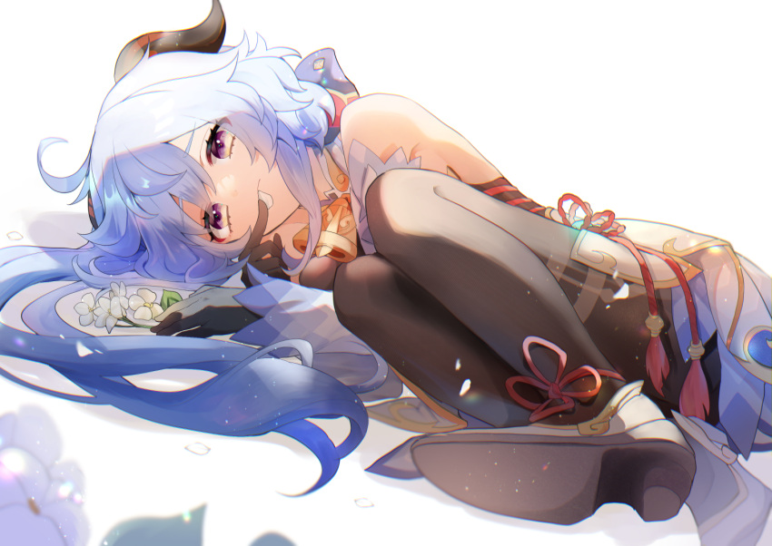 1girl bare_shoulders bell black_bodysuit black_gloves blue_hair bodysuit commentary cowbell detached_sleeves flower flower_knot full_body ganyu_(genshin_impact) genshin_impact gloves goat_horns horns long_hair looking_at_viewer lying on_side petals petals_in_mouth ponytail purple_eyes simple_background solo vision_(genshin_impact) white_background white_flower yae_(yae_ringo)