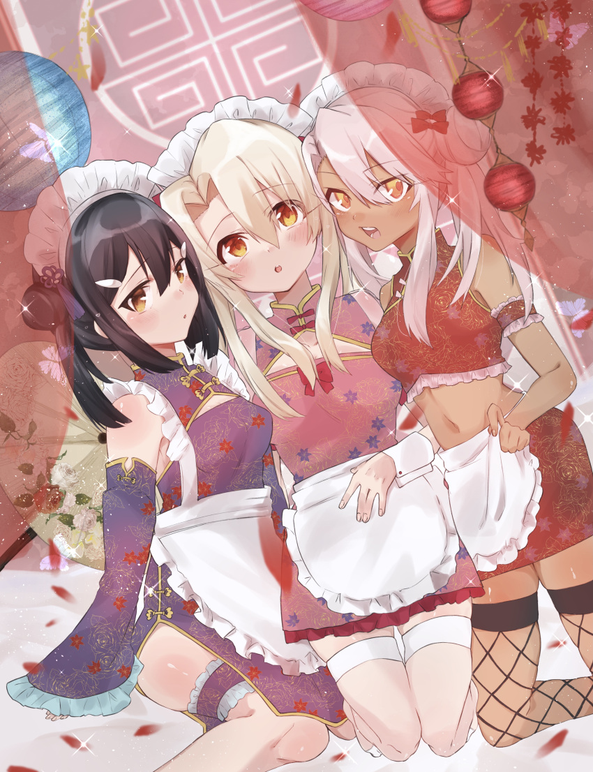 3girls absurdres black_hair blush bow bowtie breasts brown_eyes chloe_von_einzbern draw_happy_set fate/grand_order fate/kaleid_liner_prisma_illya fate_(series) fishnet_legwear fishnets hair_between_eyes hair_ornament highres illyasviel_von_einzbern long_hair looking_at_viewer miyu_edelfelt multiple_girls open_mouth orange_eyes pink_hair red_eyes sidelocks small_breasts white_hair wrist_cuffs