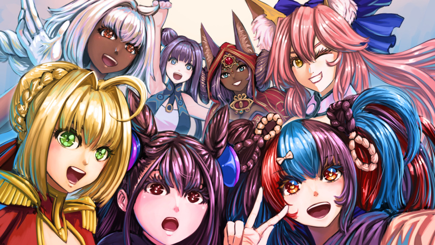 6+girls :d :o ahoge animal_ear_fluff animal_ears arm_up bangs blonde_hair blue_eyes blue_hair braid brown_eyes caenis_(fate) character_request commentary_request crown_braid dark-skinned_female dark_skin double_bun ears_through_headwear epaulettes fate/grand_order fate_(series) fox_ears gloves green_eyes grin hair_between_eyes hair_bun hair_cones highres hood hood_up long_hair looking_at_viewer multicolored_hair multiple_girls nero_claudius_(fate) nero_claudius_(fate/extra) one_eye_covered pink_hair purple_hair red_eyes red_hair sei_shounagon_(fate) smile substance20 tamamo_(fate) tamamo_no_mae_(fate/extra) v white_gloves yang_guifei_(fate) yellow_eyes