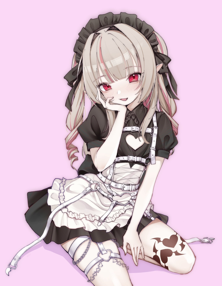 1girl apron black_dress chest_harness clothing_cutout collared_dress commentary dress frilled_apron frills grey_hair hand_up harness heart heart_cutout heart_ring heart_tattoo highres leg_tattoo long_hair maid maid_apron maid_headdress makaino_ririmu multicolored_hair nijisanji parted_lips pink_background pink_hair pointy_ears puffy_short_sleeves puffy_sleeves red_eyes short_sleeves simple_background sitting smile solo streaked_hair sunege_(hp0715) symbol-only_commentary tattoo thigh_strap twintails virtual_youtuber white_apron