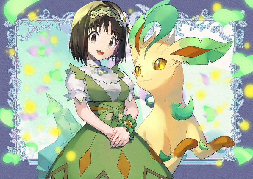 1girl :d bangs breasts commentary_request dress erika_(pokemon) eyebrows_visible_through_hair flower green_dress green_hairband hair_flower hair_ornament hairband leaf leafeon leaves_in_wind official_alternate_costume open_mouth own_hands_together pokemon pokemon_(creature) pokemon_(game) pokemon_masters_ex shirt short_hair short_sleeves smile teeth tongue upper_teeth white_flower white_shirt wristband yamanashi_taiki