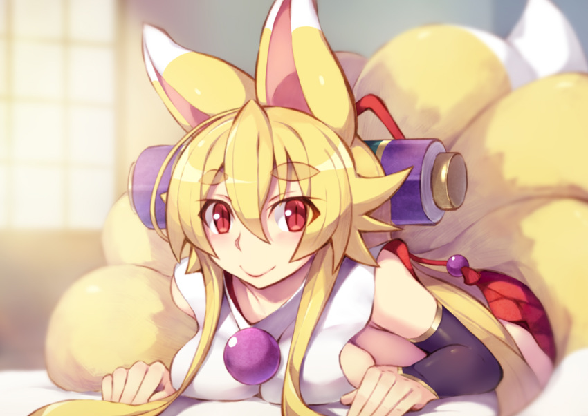 1girl animal_ears blonde_hair breasts closed_mouth eyebrows_visible_through_hair fox_ears fox_girl fox_tail hair_between_eyes izuna_(shinrabanshou) large_breasts looking_at_viewer lying multiple_tails on_stomach red_eyes saru_000 shinrabanshou smile solo tail thick_eyebrows