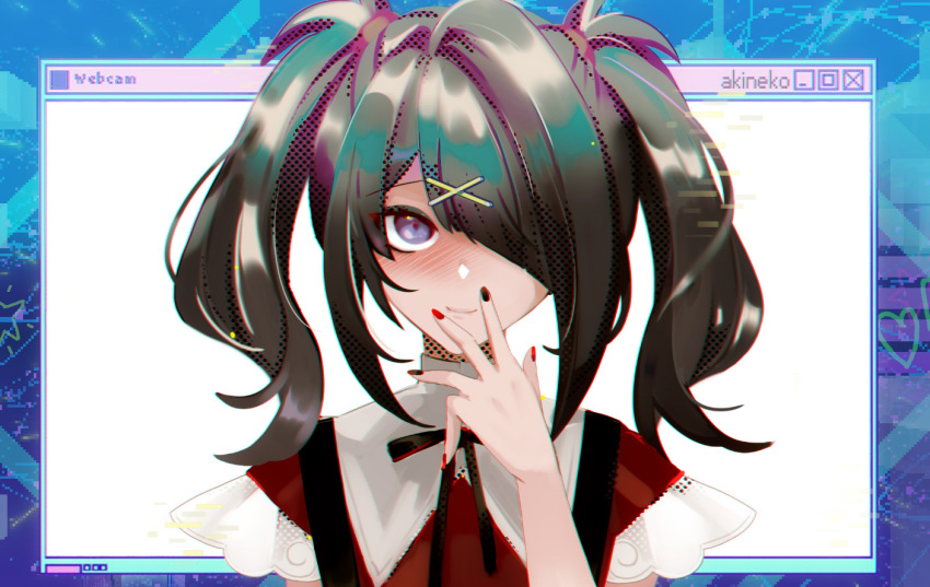 1girl aa2233a ame-chan_(needy_girl_overdose) black_hair black_nails blush eyebrows_visible_through_hair hair_ornament hair_over_one_eye hairclip looking_at_viewer nail_polish needy_girl_overdose purple_eyes red_nails ribbon smile solo twintails upper_body window_(computing)