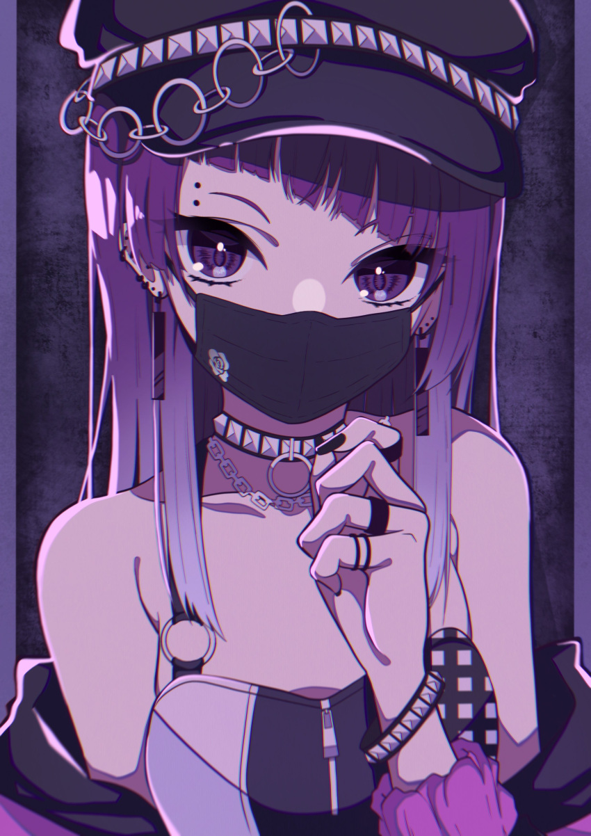 1girl absurdres asymmetrical_bangs bangs black_mask blunt_bangs collarbone commentary diagonal_bangs ear_piercing earrings highres idolmaster idolmaster_shiny_colors jacket jacket_partially_removed jewelry looking_at_viewer nail_polish piercing punk purple_eyes purple_hair purple_jacket ring shirt sleeveless sleeveless_shirt solo soushitsuchang tanaka_mamimi upper_body