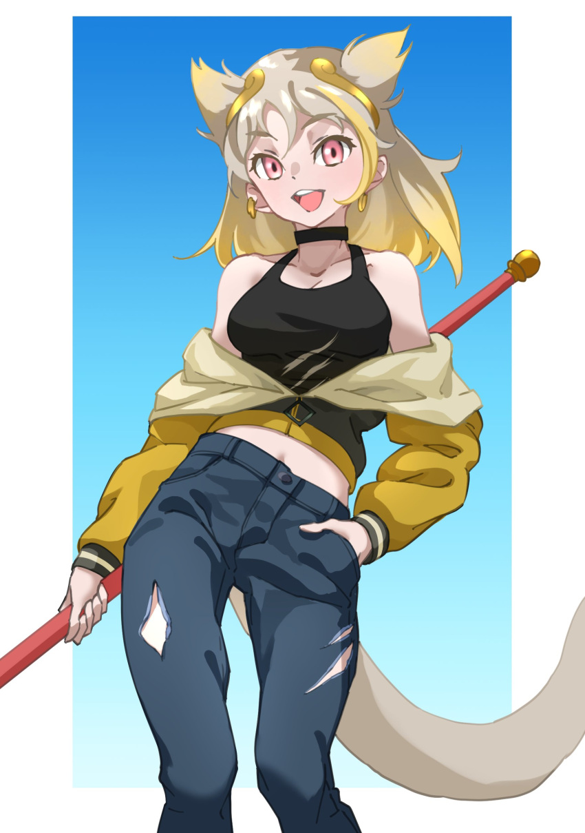 1girl :d absurdres bare_shoulders black_choker black_tank_top blonde_hair blue_background choker circlet commentary earrings gradient gradient_background gradient_hair grey_hair hand_in_pocket highres jacket jewelry kemono_friends long_hair long_sleeves looking_at_viewer multicolored_hair off_shoulder open_mouth pants pink_eyes simple_background smile solo son_goku_(kemono_friends) staff tail tanabe_(fueisei) tank_top torn_clothes torn_pants