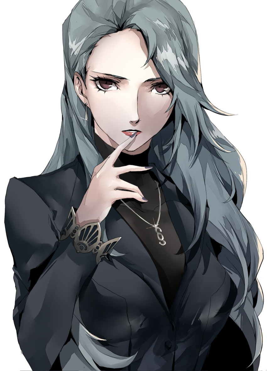 1girl arm_up black_nails blazer brown_eyes dangle_earrings earrings finger_to_mouth grey_jacket hair_behind_ear highres index_finger_raised jacket jewelry long_hair looking_at_viewer nail_polish necklace niijima_sae parted_lips persona persona_5 pertex_777 shiny silver_hair turtleneck upper_body white_background