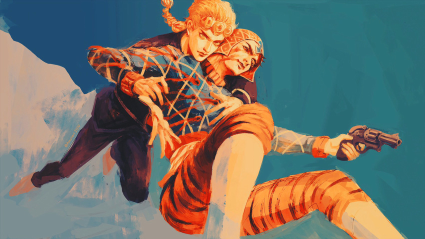 2boys amuii animal_print argyle argyle_sweater bleeding blood blood_in_mouth braid bullet_hole crop_top floating giorno_giovanna guido_mista gun hat highres injury jojo_no_kimyou_na_bouken male_focus midriff multiple_boys muted_color revolver sky sweater tiger_print turtleneck vento_aureo weapon