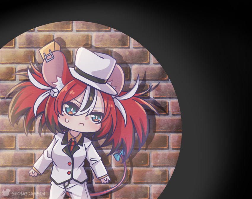 1girl :&lt; animal_ear_fluff animal_ears black_hair blue_eyes bow breasts brick_wall cheese chibi closed_mouth cowboy_shot ear_piercing english_commentary eyebrows_visible_through_hair food formal frown hair_between_eyes hair_ornament hakos_baelz hat hololive hololive_english legs_apart long_sleeves monja_(monja0521) mouse_ears mouse_girl mouse_tail multicolored_eyes multicolored_hair necktie pants piercing red_hair red_necktie short_twintails solo spotlight suit sweatdrop tail tail_bow tail_ornament twintails twitter_username v-shaped_eyebrows virtual_youtuber white_hair white_pants white_suit