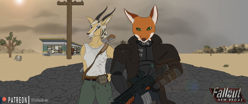 absurd_res ammo_belt antelope anthro barrel bethesda_softworks blood_stain blue_eyes boarded_window bone bovid canid canine clawed_fingers desert duo electrical_pole fallout female fenn_(olliefoxx) fingers fox fur gas_station green_eyes gun hair hi_res hooved_fingers hooves horn joshua_tree left_handed lens_flare looking_at_another male male/female mammal mountain nails olliefoxx orange_body orange_fur ranged_weapon rifle road sand sandstorm scope shell_(projectile) shotgun shotgun_shell skull sling story_at_source sun vending_machine video_games walking walking_towards_viewer weapon