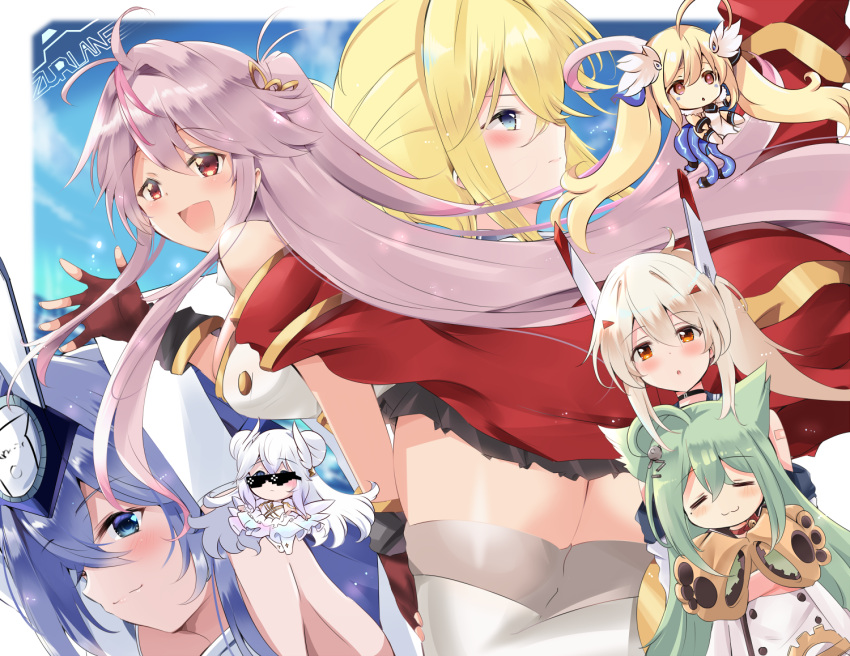 6+girls :3 akashi_(azur_lane) animal_ears ayanami_(azur_lane) azur_lane ballet_dress bare_shoulders black_skirt blonde_hair blue_eyes blue_sky breasts cat_ears cat_girl chibi closed_eyes double_bun dress dress_straps eldridge_(azur_lane) eyebrows_visible_through_hair fingerless_gloves from_side gloves green_hair grenville_(azur_lane) hair_between_eyes headgear jeanne_d'arc_(azur_lane) large_breasts le_malin_(azur_lane) le_malin_(muse)_(azur_lane) long_hair long_sleeves miniskirt multicolored_hair multiple_girls new_jersey_(azur_lane) open_mouth orange_eyes purple_hair red_eyes red_gloves skirt sky sleeves_past_fingers sleeves_past_wrists streaked_hair sunglasses tonchinkan tutu two-tone_hair very_long_hair white_dress white_hair white_legwear