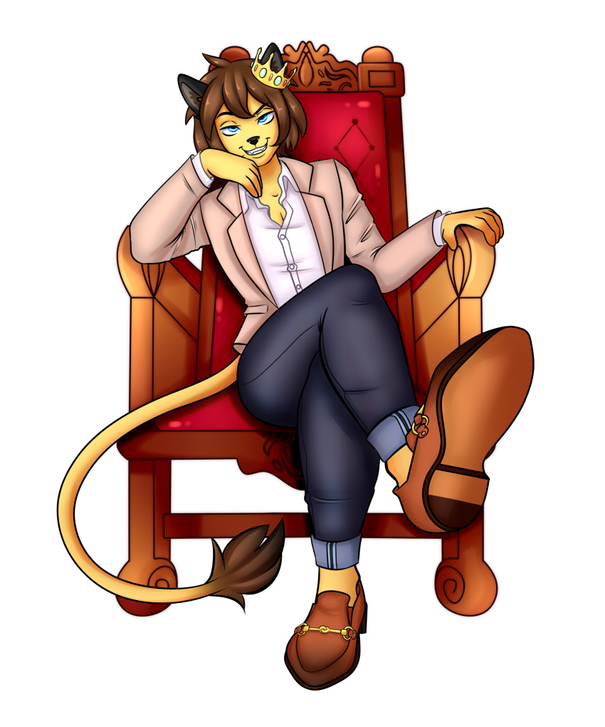 absurd_res anthro blue_eyes bottomwear chair clothed clothing crown damoart denim denim_clothing fur furniture hi_res jeans loafers male pants pawpads paws shirt sitting solo tail_tuft throne topwear tuft vanta yellow_body yellow_fur