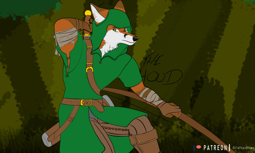 anthro arm_guards arm_wraps bandage belt bottomwear bow_(weapon) canid canine cautious clothed clothing fenn_(olliefoxx) footwear forest fox fur green_eyes hooded male mammal melee_weapon olliefoxx orange_body orange_fur pants plant ranged_weapon solo stitch_(disambiguation) sword sword_sheath tree weapon white_body white_fur wraps
