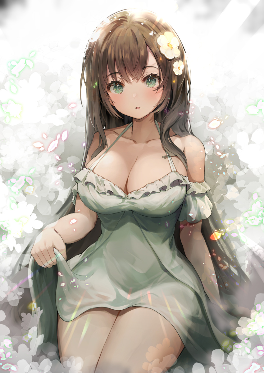 1girl bangs bare_shoulders breasts brown_hair cleavage collarbone dress eyebrows_visible_through_hair flower green_dress green_eyes hair_flower hair_ornament halter_dress halterneck highres hiromaster_sinta_jh large_breasts long_hair looking_at_viewer original parted_lips short_sleeves sitting skirt_hold solo very_long_hair white_flower