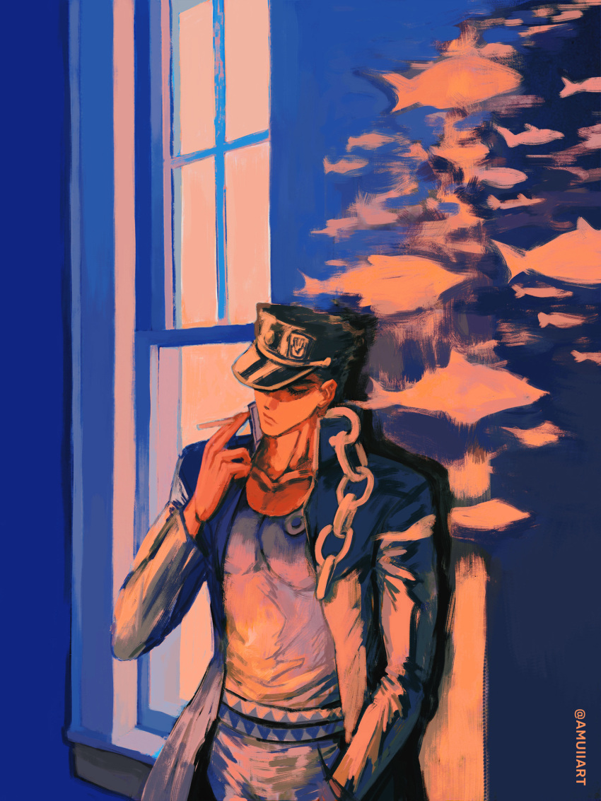 1boy amuii chain cigarette fish hat highres holding holding_cigarette jojo_no_kimyou_na_bouken kujo_jotaro long_coat male_focus muted_color smoking solo stardust_crusaders window