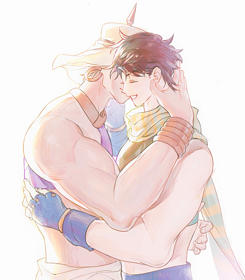 2boys battle_tendency biceps bracelet brown_hair crop_top earrings fingerless_gloves gloves green_scarf halter_top halterneck highres hoop_earrings hug jewelry jojo_no_kimyou_na_bouken joseph_joestar joseph_joestar_(young) male_focus midriff multiple_boys ningzzz pale_color scarf striped striped_scarf turban vertical-striped_scarf vertical_stripes wamuu