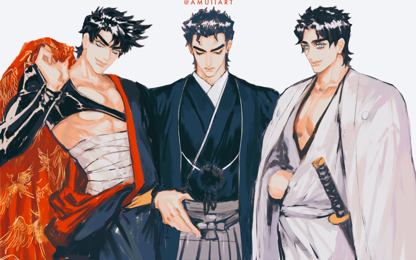 3boys alternate_costume amuii battle_tendency black_hair black_kimono blue_eyes hadanugi_dousa haori highres japanese_clothes jojo_no_kimyou_na_bouken jonathan_joestar joseph_joestar joseph_joestar_(young) katana kimono male_focus multiple_boys nagatekkou phantom_blood sarashi sheath sheathed stardust_crusaders sword weapon