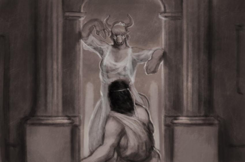 2022 5_fingers absurd_res anthro bovid bovine breasts circlet cleavage clothed clothing digital_media_(artwork) dress duo european_mythology eyewear female fingers fur glasses greek_mythology greyscale hair hi_res horn human humanoid_hands korinna_avarta larger_anthro larger_female male male/female mammal minotaur monochrome mythology nipples rayoutofspace roman size_difference smaller_human smaller_male smile standing tall toga translucent translucent_clothing