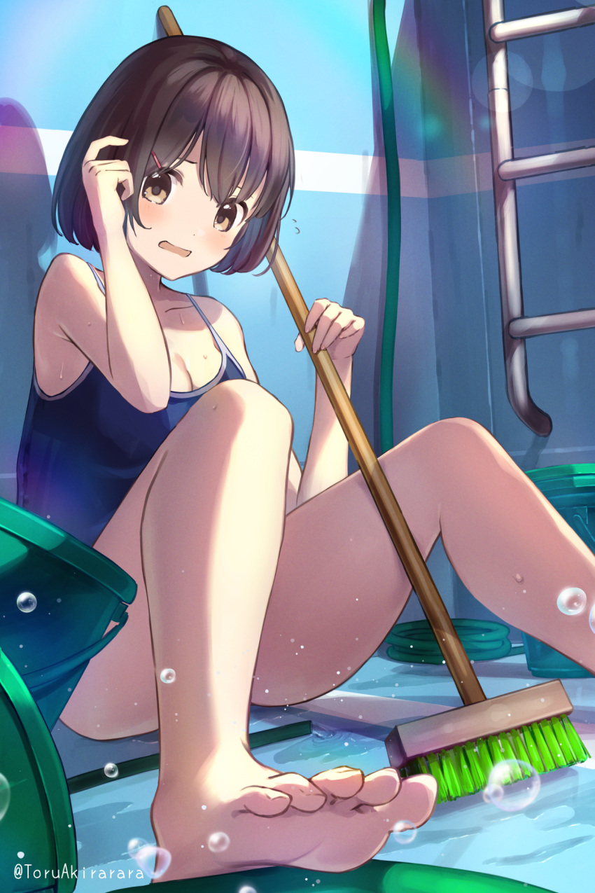 1girl akira_tooru arm_up artist_name bangs barefoot black_hair blue_swimsuit blush breasts broom brown_eyes bucket cleaning cleavage commentary_request day empty_pool feet flying_sweatdrops hair_ornament hairclip hand_up highres holding holding_broom hose knees_up looking_at_viewer medium_breasts one-piece_swimsuit open_mouth original outdoors pool pool_ladder revision school_swimsuit short_hair sitting soap_bubbles soles solo swimsuit toes