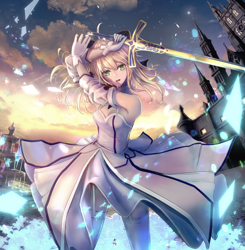 1girl absurdres aomaru_(shta-chu-jisuiai) artoria_pendragon_(fate) black_bow blonde_hair bow breasts building caliburn_(fate) commentary_request detached_sleeves dress fate/unlimited_codes fate_(series) garter_straps gloves green_eyes hair_bow highres holding holding_sword holding_weapon outdoors ponytail revision saber_lily sidelocks small_breasts solo sword thighhighs weapon white_dress white_gloves white_legwear