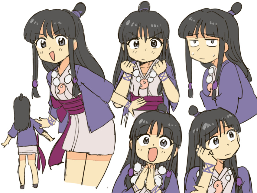 1girl :d ace_attorney back bangs black_hair blunt_bangs exasperation eyebrows_visible_through_hair full_body half_updo japanese_clothes jewelry kimono long_hair looking_at_viewer looking_away maya_fey multiple_views necklace smile tsubobot v-shaped_eyebrows white_background