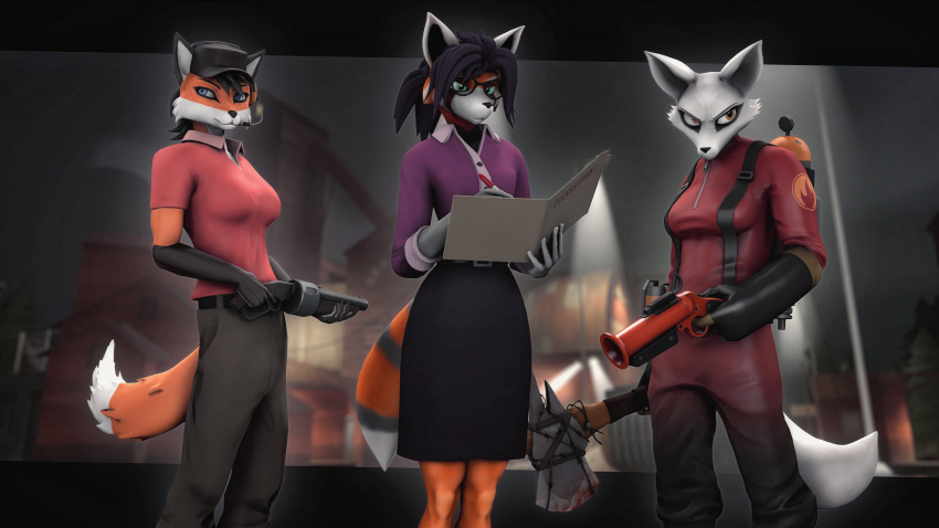 16:9 2022 3d_(artwork) 4k absurd_res alice_(gold97fox) alternate_species anthro axe black_body black_fur black_hair black_nose blue_eyes blurred_background canid canine cheek_tuft clothed clothing crossgender digital_media_(artwork) eyewear facial_tuft female flare_gun folder fox fur furrification glasses gloves gold97fox green_eyes group gun hair handwear headgear headset_microphone headwear hi_res mammal marker melee_weapon miss_pauling_(team_fortress_2) orange_body orange_fur purple_clothing pyro_(team_fortress_2) ranged_weapon red_clothing scout_(team_fortress_2) source_filmmaker team_fortress_2 tuft valve video_games weapon white_body white_fur widescreen yellow_eyes