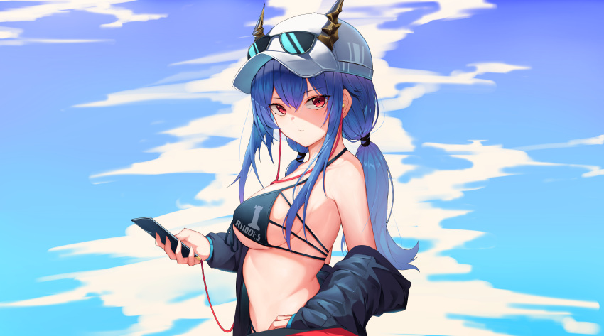 1girl absurdres arknights bare_shoulders baseball_cap bikini black_bikini black_jacket blue_hair breasts ch'en_(arknights) ch'en_the_holungday_(arknights) closed_mouth commentary_request dragon_horns earphones expressionless eyewear_on_headwear halter_top halterneck hat highres holding horns horns_through_headwear jacket long_hair looking_at_viewer low_twintails medium_breasts multi-strapped_bikini off_shoulder open_clothes open_jacket phone red_eyes sidelocks solo stomach string_bikini sunglasses swimsuit twintails underboob upper_body white_headwear yukaring1