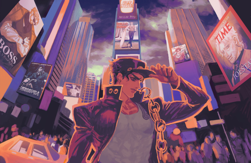 1boy absurdres ad adjusting_clothes adjusting_headwear amuii battle_tendency building chain cover crossdressing highres idolmaster idolmaster_cinderella_girls jojo_no_kimyou_na_bouken joseph_joestar joseph_joestar_(old) joseph_joestar_(tequila) joseph_joestar_(young) kujo_jotaro logo magazine_cover movie_poster new_york nissin official_alternate_costume old old_man parody pose poster_(medium) product_placement skyscraper solo stardust_crusaders taxi terminator_(series) terminator_2:_judgment_day times_square