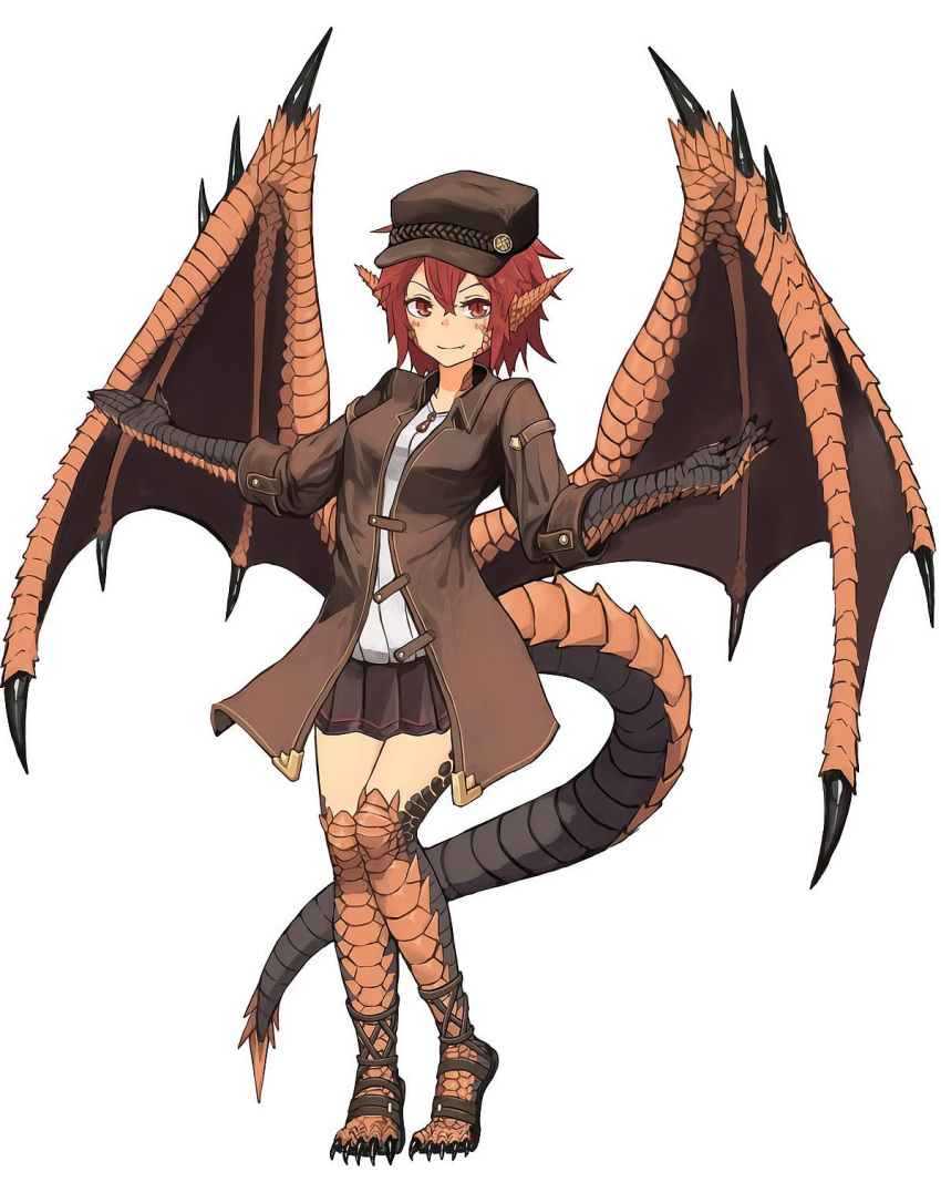 1girl black_footwear black_hat brown_coat claws closed_mouth coat dragon_girl dragon_horns dragon_tail dragon_wings fang full_body gladiator_sandals hair_between_eyes hat highres hitokuirou horns looking_at_viewer md5_mismatch monster_girl original partially_unbuttoned red_eyes red_hair resolution_mismatch sandals scales shirt short_hair skin_fang sleeves_rolled_up slit_pupils smile solo solo_vivace_(hitokuirou) source_smaller standing tail v-shaped_eyebrows white_background white_shirt wings zipper