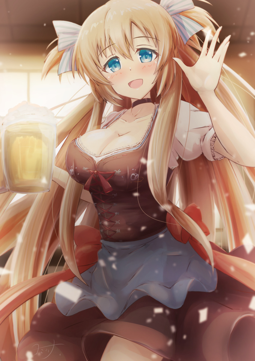 1girl alcohol apron bangs beer beer_mug blush breasts brown_dress cleavage collarbone commission cup dirndl dress eyebrows_visible_through_hair german_clothes highres holding holding_cup large_breasts light_particles liz_hohenstein long_hair looking_at_viewer mug muvluv muvluv_alternative open_hand schwarzesmarken skeb_commission smile solo two_side_up very_long_hair window yomitsuna
