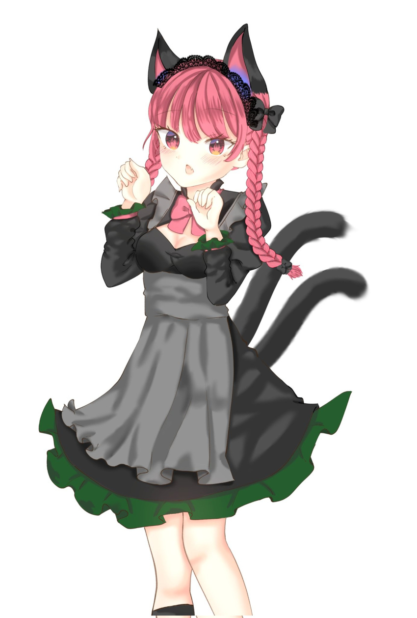 1girl adapted_costume alternate_costume animal_ears ao_orin_ringo bangs blush bow bowtie braid breasts cat_ears cat_tail claw_pose cleavage enmaided extra_ears eyebrows_visible_through_hair fang feet_out_of_frame gao grey_apron hands_up highres juliet_sleeves kaenbyou_rin long_hair long_sleeves looking_at_viewer maid maid_headdress multiple_tails nekomata open_mouth petticoat puffy_sleeves red_bow red_bowtie red_eyes red_hair simple_background skin_fang small_breasts solo standing tail touhou tsurime twin_braids twintails two_tails white_background