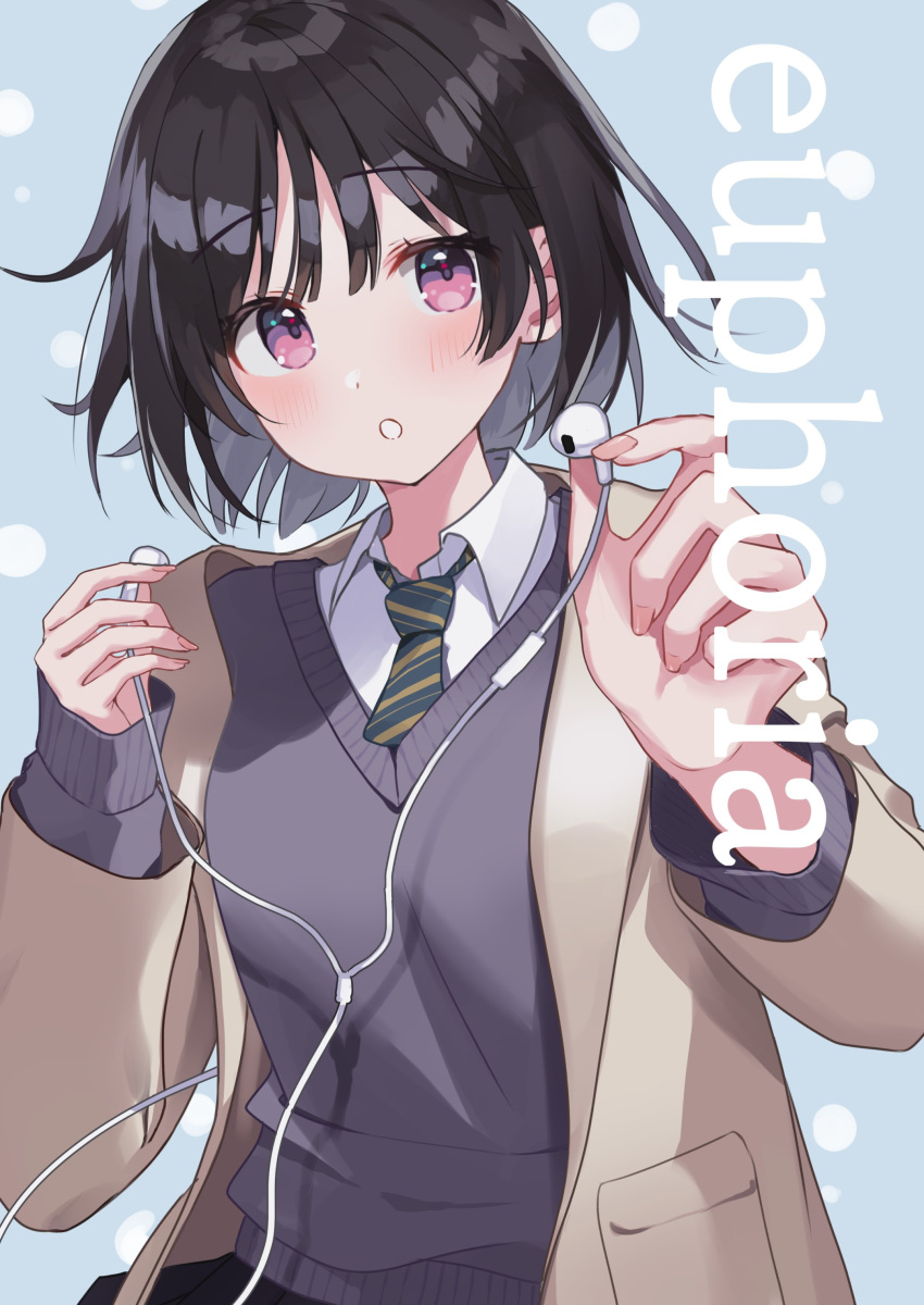 1girl :o absurdres bangs black_hair blue_background collared_shirt comiket_99 earphones hands_up highres holding holding_earphones jacket looking_at_viewer necktie open_mouth original pink_eyes shirt short_hair smile solo sweater upper_body yushima