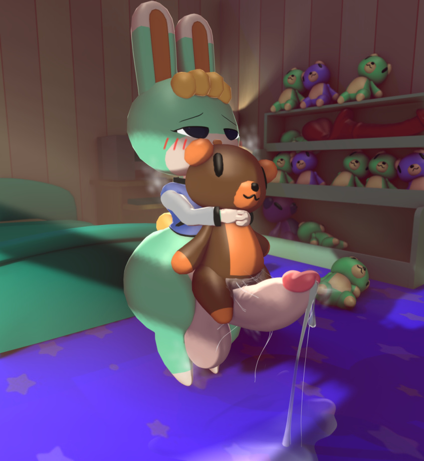 3d_(artwork) animal_crossing animal_dildo animal_sex_toy anthro balls big_balls big_penis blonde_hair blush bodily_fluids bottomless clothed clothing digital_media_(artwork) dildo equine_dildo erection excessive_precum genital_fluids genitals green_body hair half-closed_eyes holding_object holding_plushie holding_teddy_bear huge_balls huge_penis kingofacesx lagomorph leporid male mammal narrowed_eyes nintendo penis plushie plushophilia precum precum_on_ground precum_string rabbit sasha_(animal_crossing) sex_toy solo teddy_bear thick_thighs topwear vest video_games wide_hips