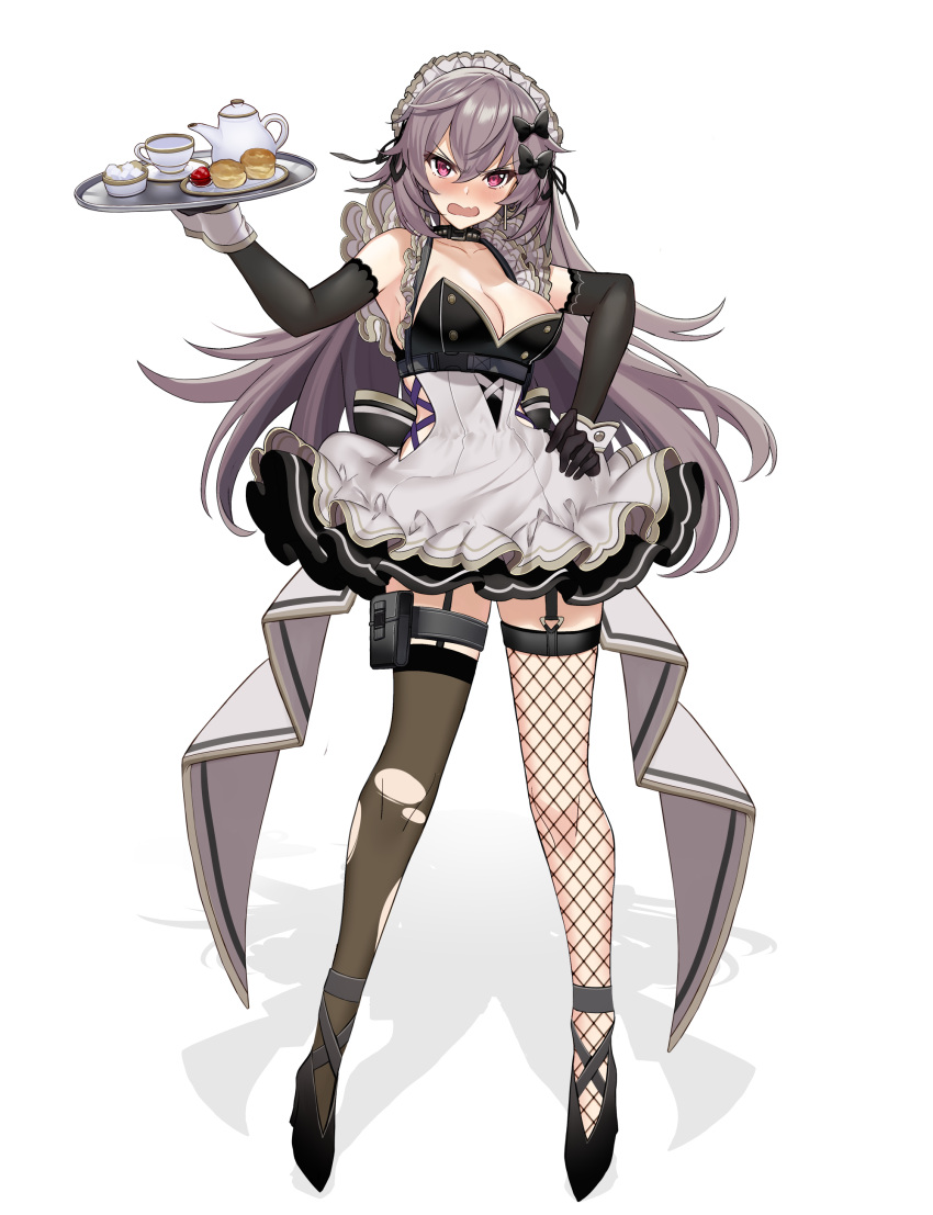 1girl absurdres alternate_costume apron asymmetrical_legwear black_choker black_dress black_gloves blush breasts choker cleavage counter:side dress elbow_gloves embarrassed enmaided eujin fishnet_legwear fishnets frilled_dress frills frown full_body garter_straps gloves grey_legwear hand_on_hip high_heels highres holding kawachi_rin large_breasts maid maid_apron maid_headdress nose_blush open_mouth shoes simple_background sleeveless sleeveless_dress solo thighhighs torn_clothes torn_legwear tray v-shaped_eyebrows waist_apron white_background wrist_cuffs zettai_ryouiki