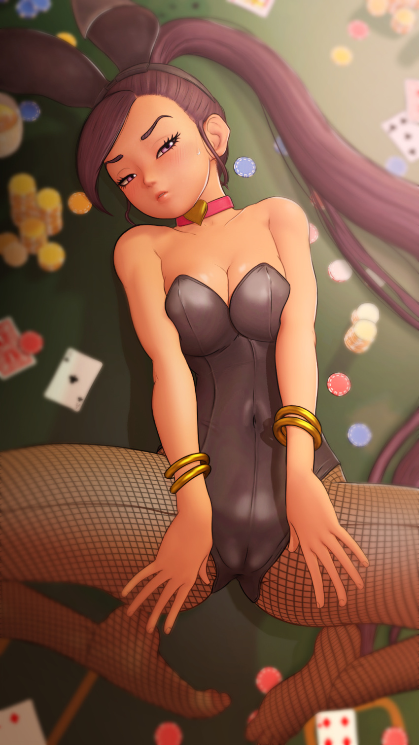 1girl ace_of_clubs animal_ears bangle bare_shoulders black_headband blurry blurry_background blush bracelet breasts cameltoe card choker cleavage collarbone commentary dragon_quest dragon_quest_xi english_commentary eyelashes fake_animal_ears fishnet_legwear fishnets greatm8 half-closed_eyes headband heart heart_choker high_ponytail highres indoors jewelry knees_apart_feet_together leotard looking_at_viewer lying martina_(dq11) medium_breasts navel no_shoes on_back photoshop_(medium) playboy_bunny playboy_bunny_leotard playing_card poker_chip poker_table purple_eyes rabbit_ears red_choker skin_tight solo source_filmmaker_(medium) spread_legs sweat sweatdrop