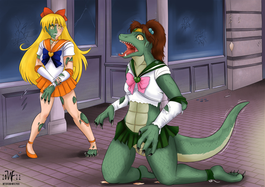 2022 absurd_res alternate_species blonde_hair bottomwear breasts claws clothing duo female green_body green_scales hair hi_res human human_to_anthro kneeling lizard long_hair magical_girl_outfit mammal open_mouth red_hair reptile ribbons sailor_jupiter sailor_moon_(series) sailor_venus scales scalie sharp_teeth skirt species_transformation surprise teeth tongue tongue_out torn_clothing transformation witchfiend