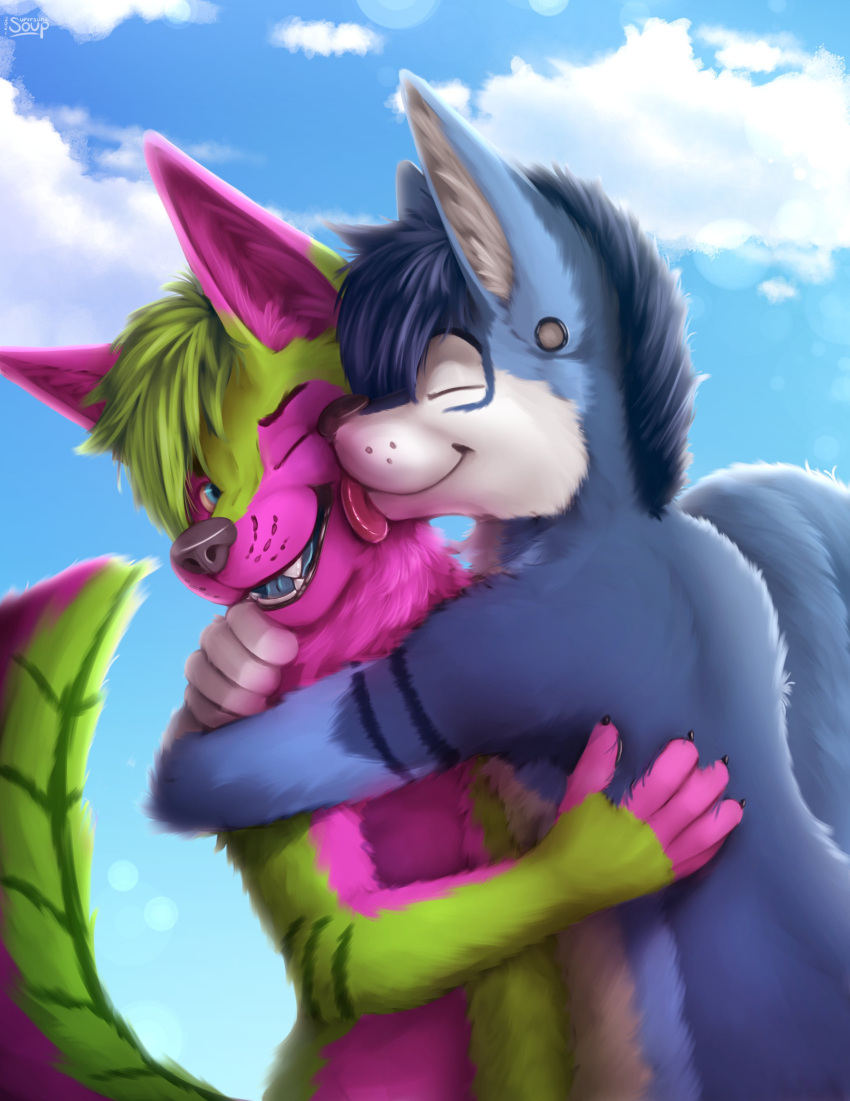 5_fingers absurd_res anthro blue_body blue_eyes blue_fur blue_hair canid canine canis cloud duo ear_piercing embrace eyes_closed face_lick fingers fur green_body green_fur green_hair hair happy hi_res hug inner_ear_fluff licking male male/male mammal multicolored_body multicolored_fur nerox one_eye_closed open_mouth open_smile outside piercing pink_body pink_fur sky smile supersonicsoup tongue tongue_out tuft wolf