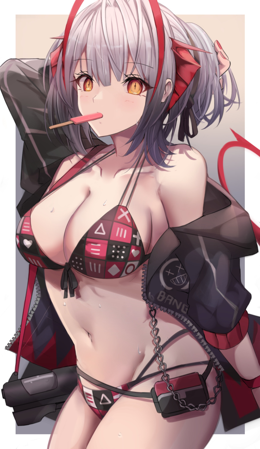 +_+ 1girl antenna_hair arknights arm_up bangs bare_shoulders bikini black_jacket blunt_bangs border breasts chain cleavage clothes_pull collarbone cowboy_shot demon_girl demon_horns demon_tail eyebrows_visible_through_hair food gradient gradient_background grey_background gun highres horns jacket large_breasts long_sleeves looking_at_viewer mouth_hold multicolored_hair navel off_shoulder open_clothes open_jacket outside_border popsicle print_bikini red_bikini red_hair short_hair short_ponytail silver_hair solo stomach stratoz swimsuit tail two-tone_hair unzipped w_(arknights) weapon white_border zipper