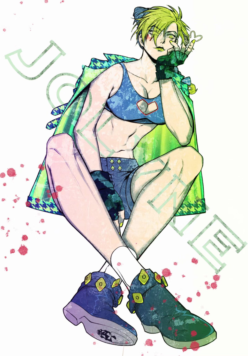 1girl alternate_costume black_hair breasts cleavage cleavage_cutout clothing_cutout double_bun fingerless_gloves gloves green_hair green_lips green_nails heart_cutout highres houndstooth jacket jacket_on_shoulders jojo_no_kimyou_na_bouken kujo_jolyne midriff multicolored_hair shoes shorts sitting sneakers solo stone_ocean toned two-tone_hair yan_(scp_wboc)