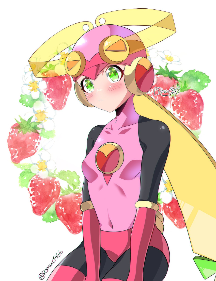 1girl blonde_hair blush bodysuit breasts closed_mouth covered_navel food fruit gloves green_eyes helmet highres leotard long_hair looking_at_viewer mega_man_(series) mega_man_battle_network netnavi pink_bodysuit pink_leotard roll.exe_(mega_man) solo strawberry thighhighs white_background