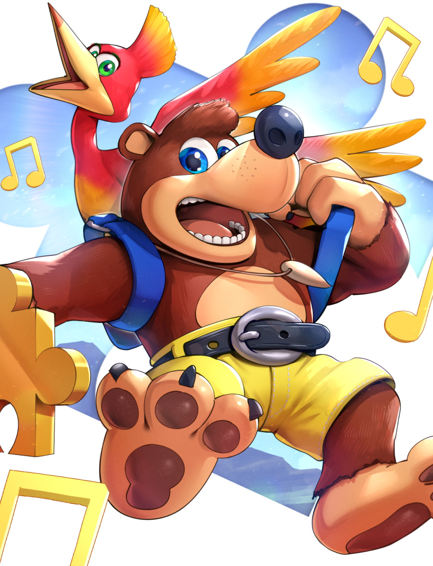 3_toes avian backpack banjo-kazooie banjo_(banjo-kazooie) barefoot beak belt blue_eyes bottomwear breegull brown_body brown_fur clothing feathered_wings feathers feet female fur gonzarez1938 green_eyes hi_res kazooie male mammal musical_note open_mouth puzzle_piece rareware shorts teeth toes tongue ursid video_games wings