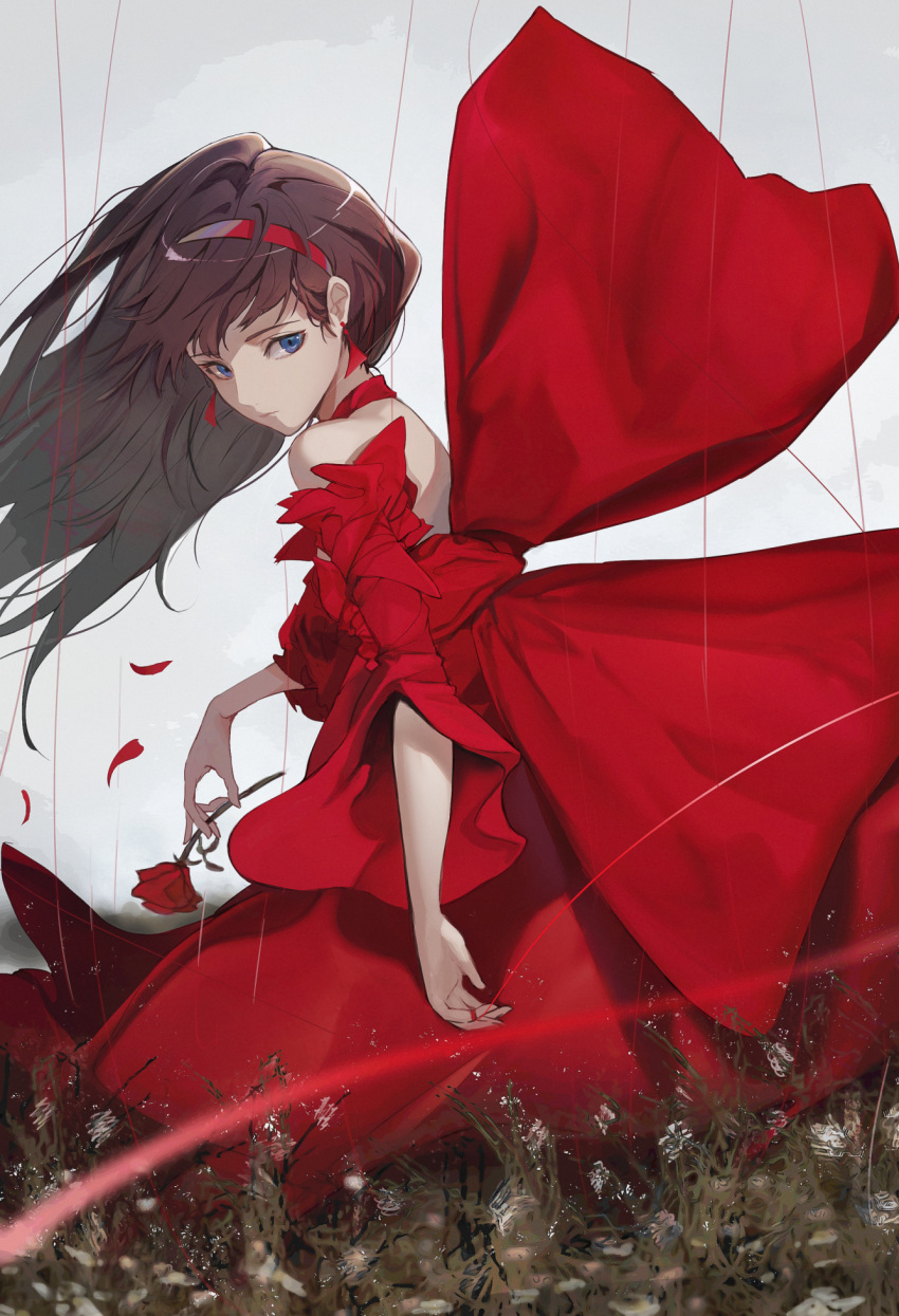 1girl bangs bare_shoulders blue_eyes brown_hair closed_mouth commentary dress earrings eyebrows_visible_through_hair finger_ribbon flower from_side grass hairband highres holding jewelry long_hair looking_at_viewer marumoru off-shoulder_dress off_shoulder original puppet_strings rain red_dress red_flower red_hairband red_rose rose serious solo standing water