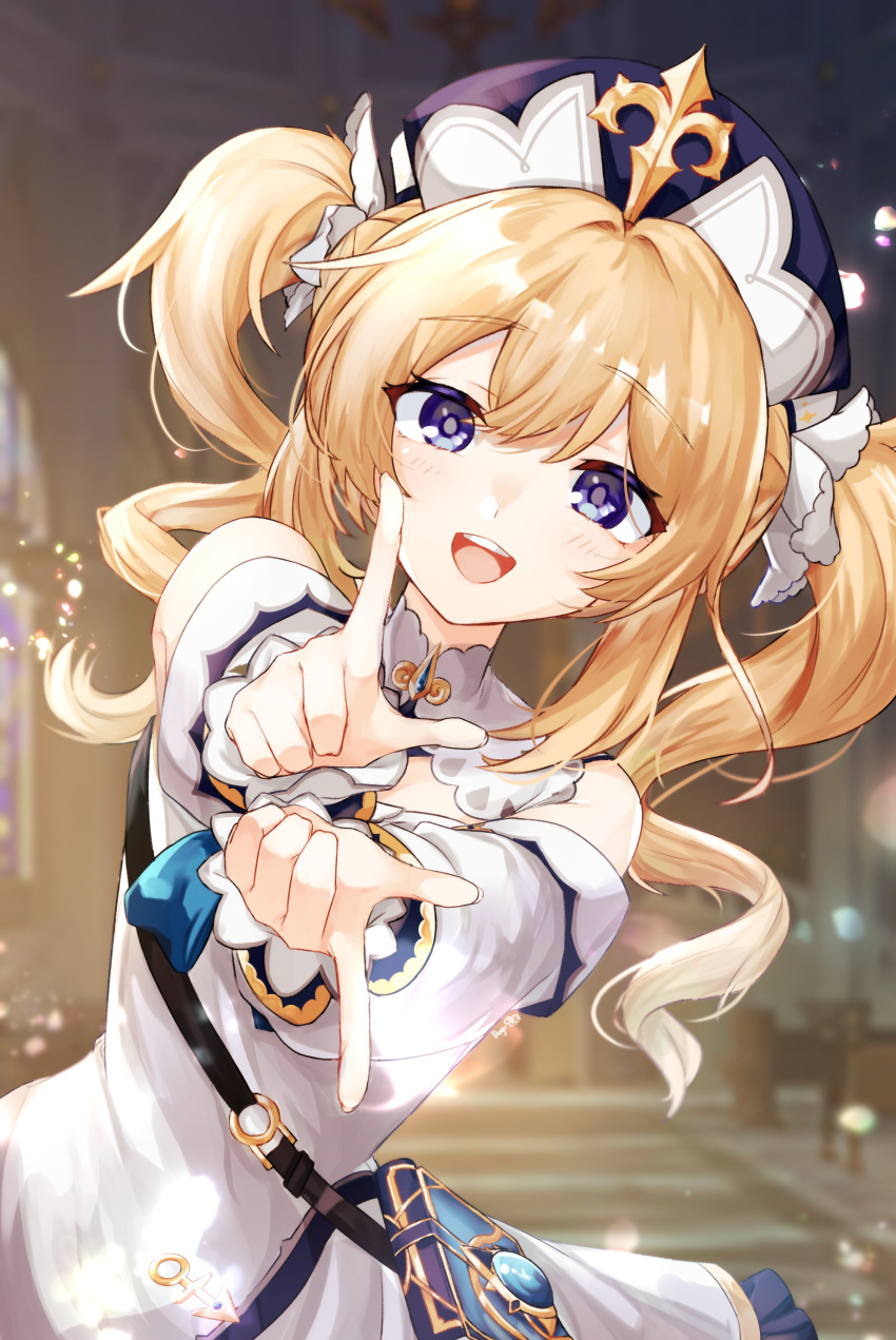 1girl absurdres barbara_(genshin_impact) blonde_hair blue_eyes blush book bow bowtie detached_collar dress drill_hair genshin_impact hair_ornament half-closed_eyes highres long_sleeves looking_at_viewer open_mouth smile teeth tomoru_(tomanvil_3) twin_drills twintails upper_teeth white_dress white_headwear