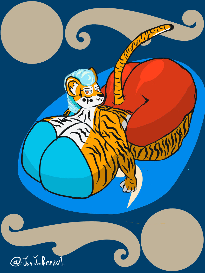 absurd_res anthro big_body big_breasts big_butt bottomwear breasts butt clothing felid female hi_res huge_breasts huge_hips huge_thighs humanoid jonjonrenzo1 laying_on_ground lying mammal muscular pantherine shorts solo stripes thick_thighs tiger wide_hips