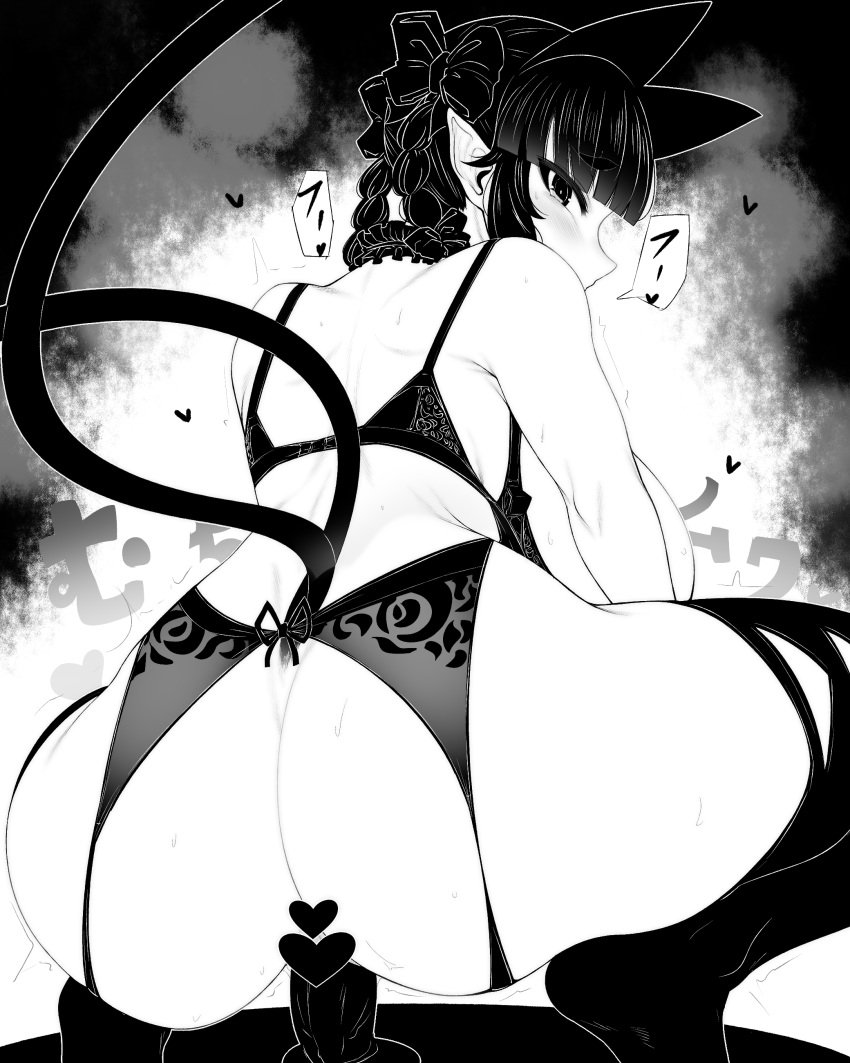 1girl absurdres animal_ears ass ass_focus bangs blunt_bangs blush bra braid breasts breasts_out cat_ears cat_tail censored dildo dildo_riding extra_ears eyebrows_visible_through_hair garter_belt greyscale haseru_(ginku_mh) heart heart_censor highres huge_breasts kaenbyou_rin long_hair looking_at_viewer looking_back monochrome multiple_tails nekomata pointy_ears sex_toy simple_background solo squatting tail thighhighs touhou twin_braids twintails two_tails underwear