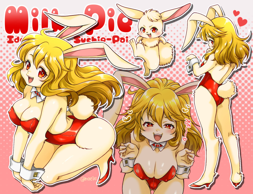 animal_ears backless_leotard bangs blonde_hair breasts character_name cleavage copyright_name covered_nipples detached_collar eyebrows_visible_through_hair furry furry_female halftone halftone_background heart high_heels highres idol_janshi_suchie-pai large_breasts leaning_forward leotard long_hair looking_at_viewer milky-pai miru_(mill_36) multiple_views open_mouth outline playboy_bunny rabbit_ears rabbit_tail red_eyes red_footwear red_leotard standing strapless strapless_leotard tail white_outline wrist_cuffs