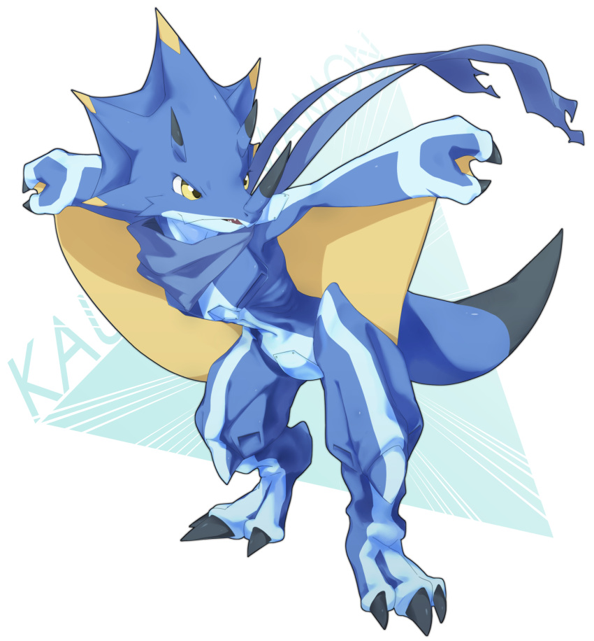 2021 ambiguous_gender anthro bandai_namco biped blue_body blue_skin clawed_feet clawed_fingers digimon digimon_(species) digimon_ghost_game digital_media_(artwork) dragon hi_res horn jet_thrusters kausgammamon membrane_(anatomy) membranous_wings scarf simple_background solo umixign wings yellow_eyes