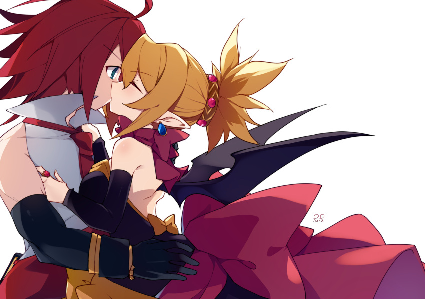 1boy 1girl absurdres adell_(disgaea) ahoge artist_name back backless_dress backless_outfit bare_back bare_shoulders bat_wings black_gloves black_wings blonde_hair blue_eyes bow chinese_commentary closed_eyes closed_mouth detached_sleeves disgaea dress dress_bow earrings eyebrows_visible_through_hair from_side gloves hetero highres huge_ahoge jewelry kiss long_sleeves makai_senki_disgaea_2 necktie pointy_ears pupa_jiang red_hair red_necktie ring rozalin short_hair simple_background white_background wings yellow_bow