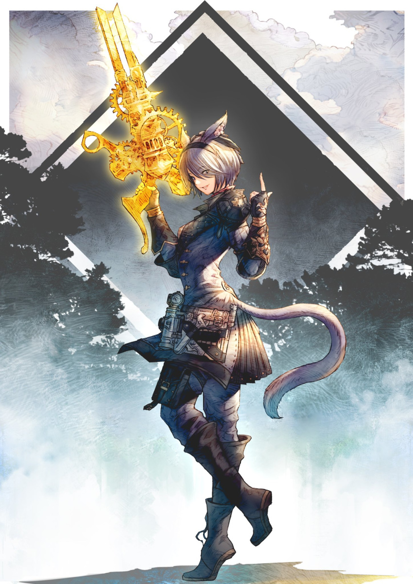 1girl animal_ears armor avatar_(ff14) bangs black_footwear black_gloves black_hairband boots buttons cat_ears cat_girl cat_tail collared_jacket eyes_visible_through_hair final_fantasy final_fantasy_xiv fingerless_gloves from_side full_body gloves grey_hair grey_jacket grey_pants gunblade hair_over_one_eye hairband hands_up highres holding holding_weapon index_finger_raised jacket knee_boots leg_up looking_back machinist_(final_fantasy) miqo'te pants pauldrons pouch short_hair shoulder_armor shukei slit_pupils smile solo standing standing_on_one_leg swept_bangs tail weapon