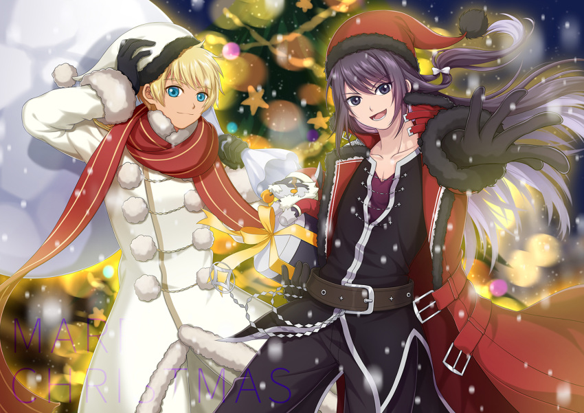 2boys :d alternate_costume belt black_eyes black_gloves black_hair black_pants black_shirt blonde_hair blue_eyes bow brown_belt buckle character_doll christmas christmas_tree closed_mouth coat collarbone flynn_scifo fur_trim gift gloves hair_bow hat holding holding_gift holding_sack kenen_tanabata long_hair looking_at_viewer male_focus merry_christmas multiple_boys open_mouth pants pom_pom_(clothes) red_coat red_headwear repede_(tales) sack santa_hat shirt smile star_(symbol) tales_of_(series) tales_of_vesperia typo white_bow white_coat white_headwear white_pants yellow_bow yuri_lowell